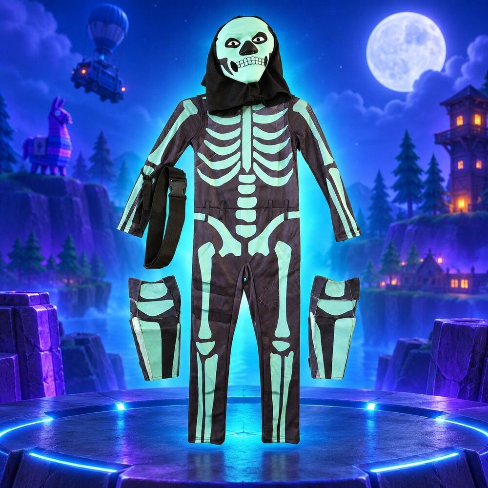Fortnite Skull Trooper Glow Kids Medium 8 9 10 Costume No Pouch C142